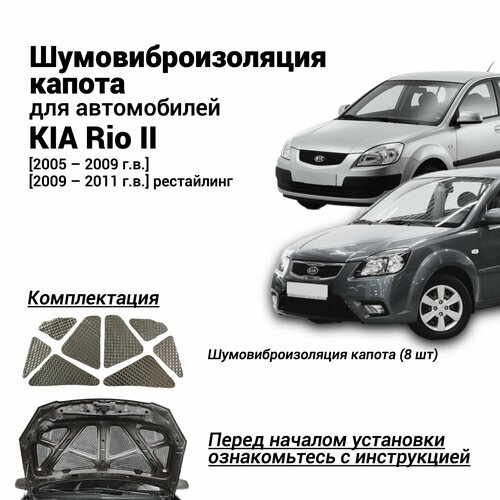 Шумоизоляция капота Kia Rio 2 поколение 2005-2011 комплект шумовиброизоляции бутилкаучуковая основа с фольгой из 8 частей фото, описание