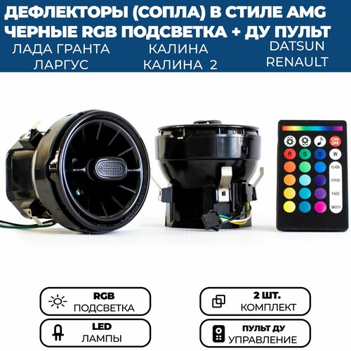 Дефлекторы (сопла) воздуховода AMG с RGB подсветкой (2 шт.) для Гранта ФЛ, Гранта, Калина 2, Ларгус, черные, с регулировкой фото, описание