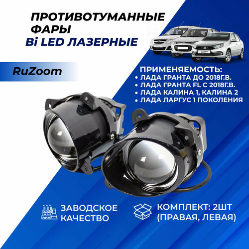 ПТФ Гранта линзы RuZoom Bi-LED модуль белый свет 7500k Granta, Granta FL, Калина, Ларгус лазерные арт. RU37501 фото, описание