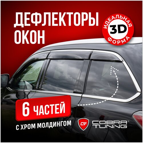 Дефлекторы боковых окон для Honda CR-V IV (Хонда СРВ 4) 2012-2018, ветровики с хром молдингом, полный комплект с уголками, 6 частей, Cobra Tuning фото, описание